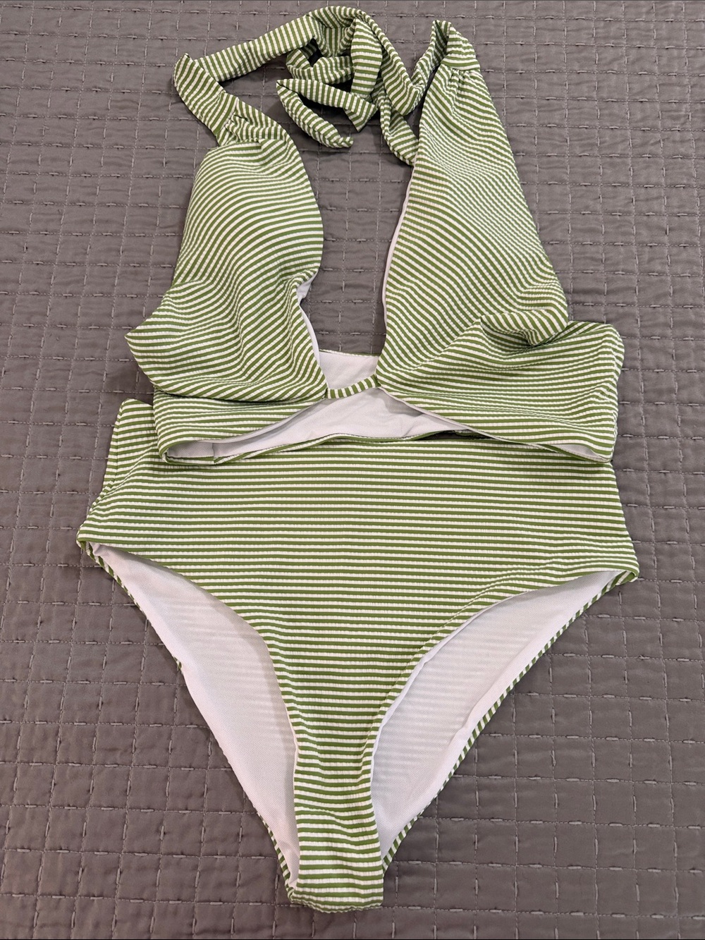 SHEIN Green & White Striped One-Piece Bikini
